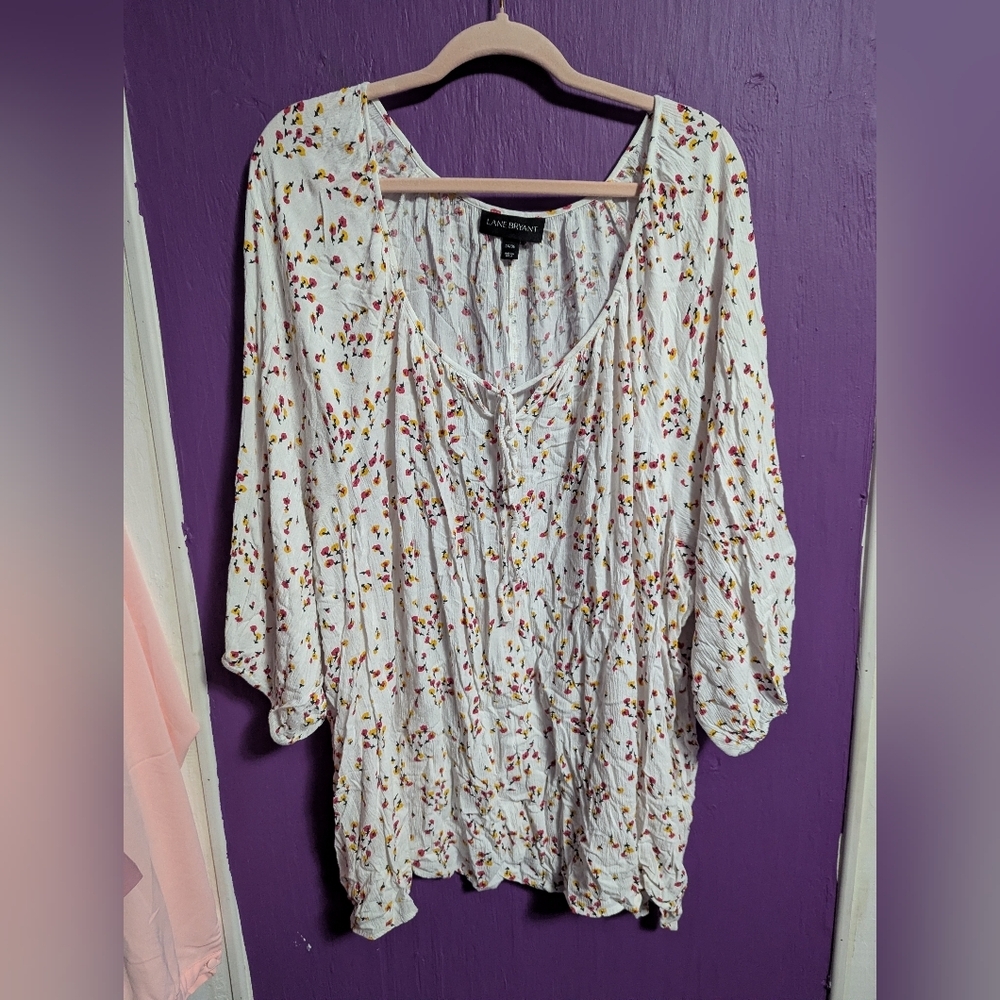 💜 Lane Bryant White Pink Yellow Floral Gauze 3/4 Sleeve Top 6X 30 32 34 36